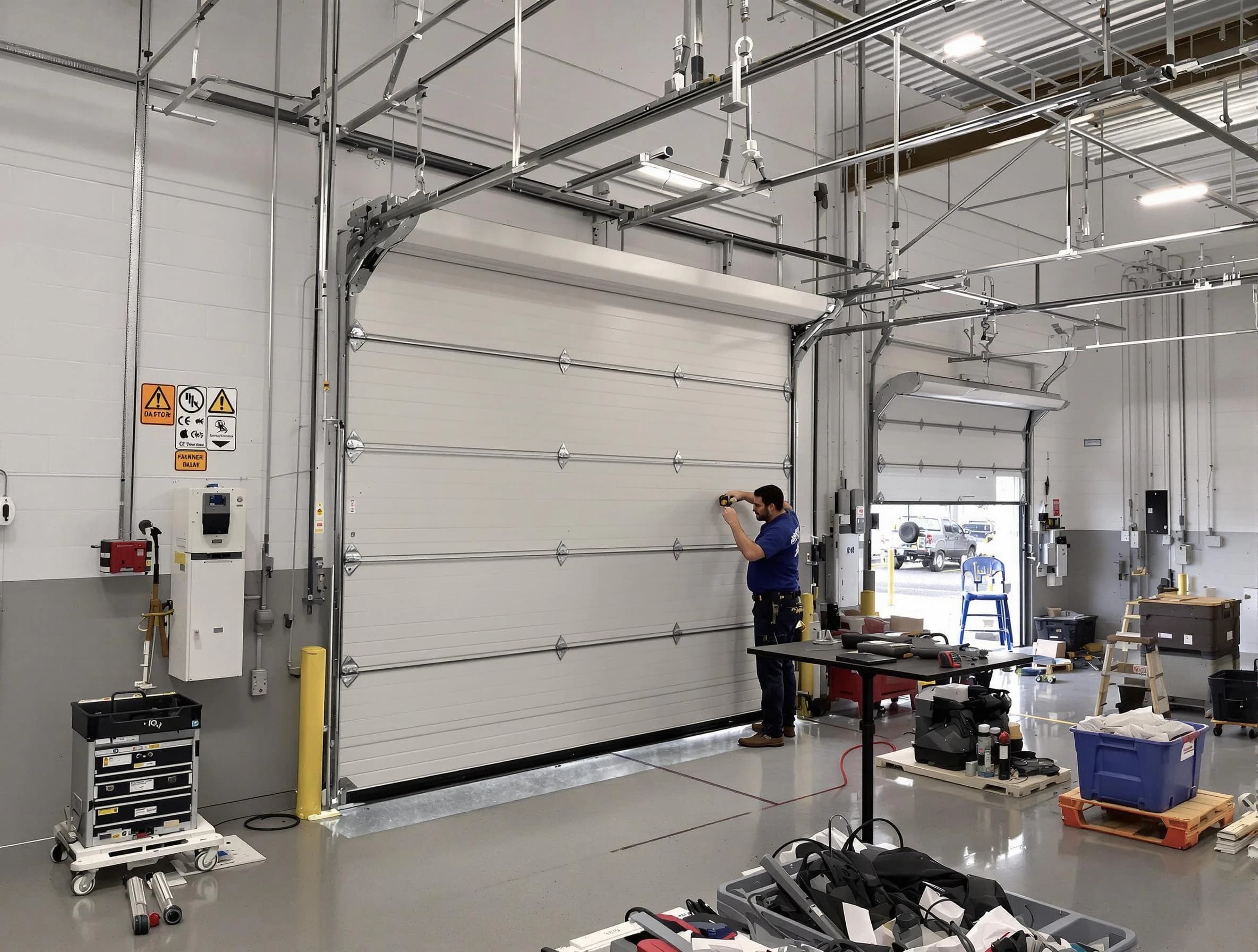 Commercial garage door repair being performed by Holly Springs Garage Door Repair expert in Holly Springs