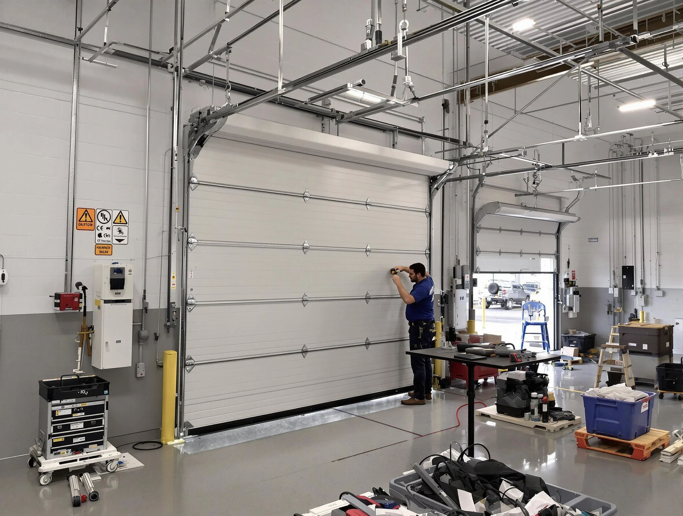 Commercial garage door repair being performed by Holly Springs Garage Door Repair expert in Holly Springs