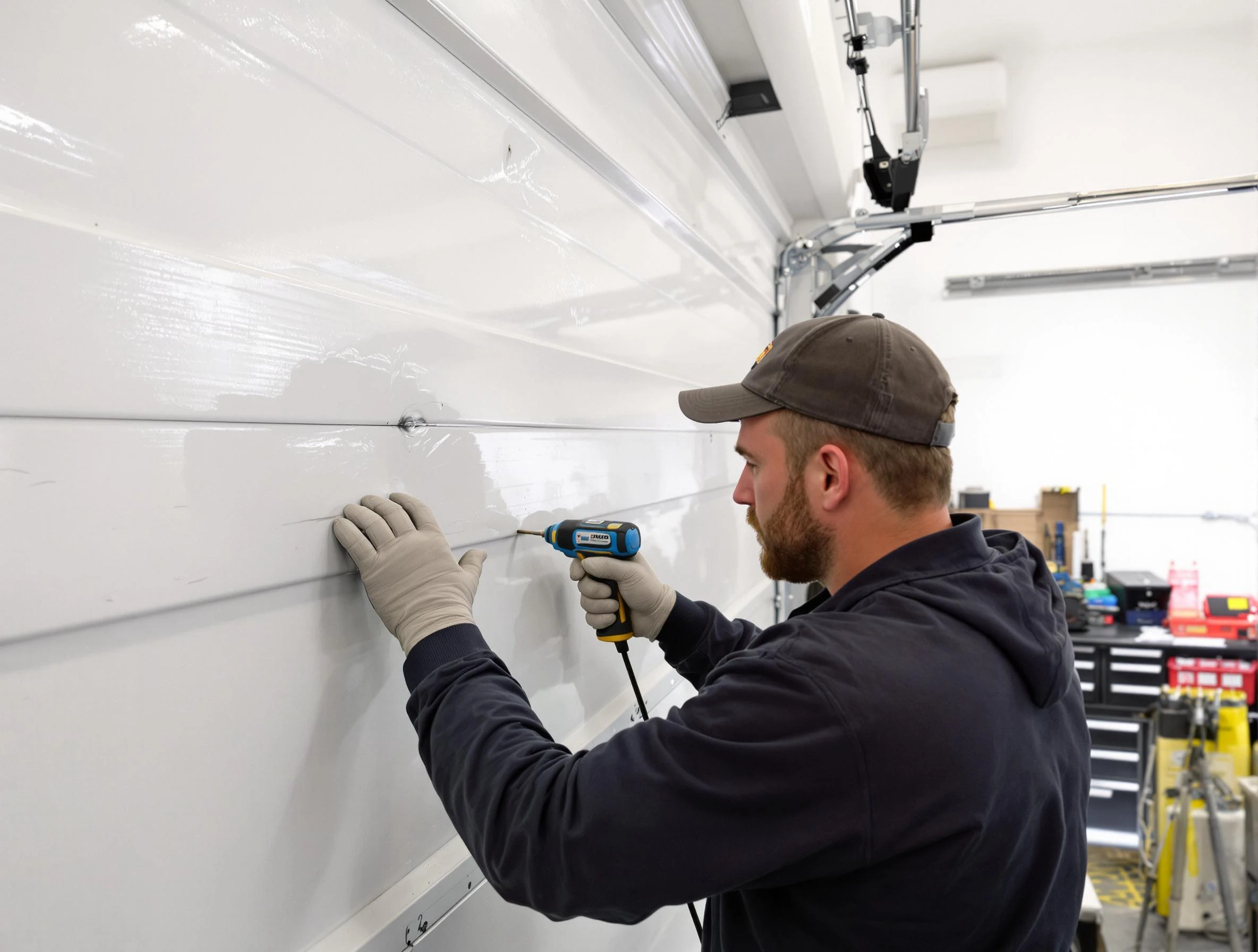 Holly Springs Garage Door Repair technician demonstrating precision dent removal techniques on a Holly Springs garage door